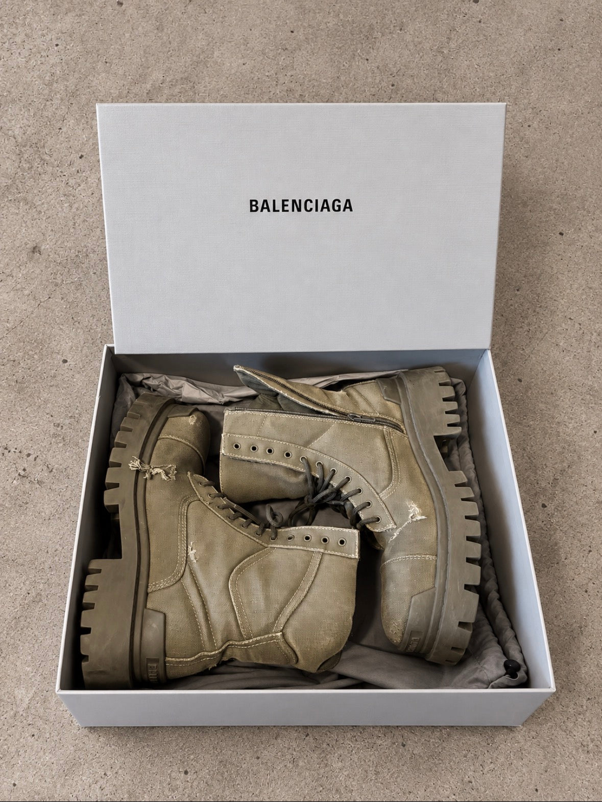 Balenciaga Distressed Canvas Khaki Strike Boots